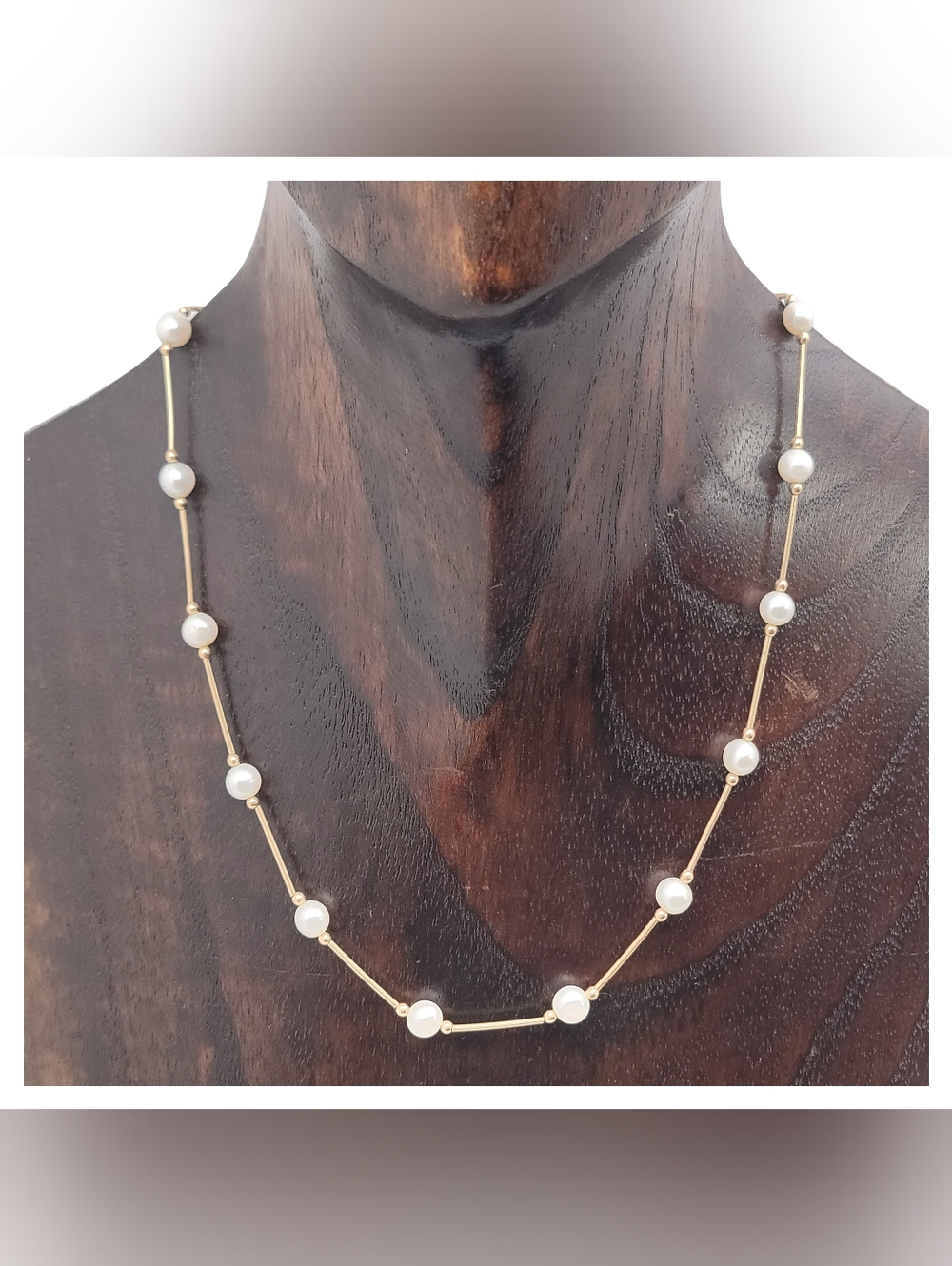 Vintage 14k Yellow Gold Bar Bead Natural Pearl Station Necklace